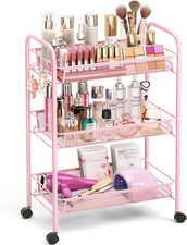 3 Tier Rolling Cart, Metal Utility Storage Cart with Wheels, Pink