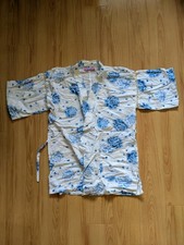 White Blue Rose Flower Print Japanese Jinbei Lounge SleepWear PJ Kimono Yukata