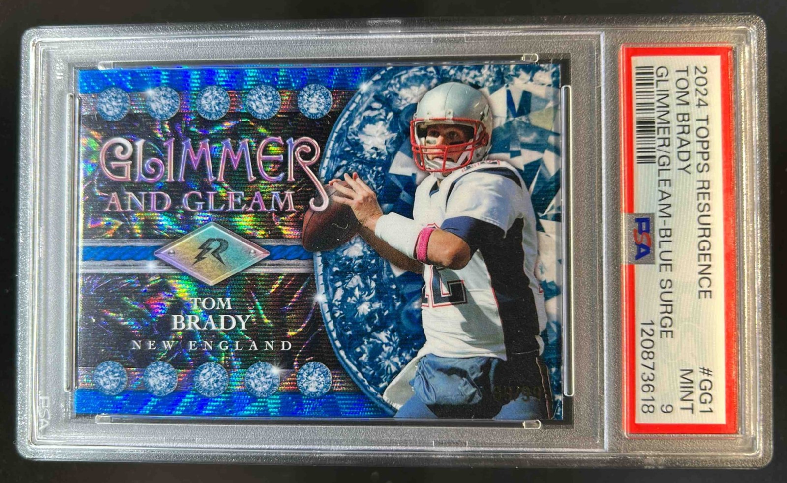 2024 Topps Resurgence Tom Brady Glimmer and Gleam Blue Surge #89/99 PSA 9