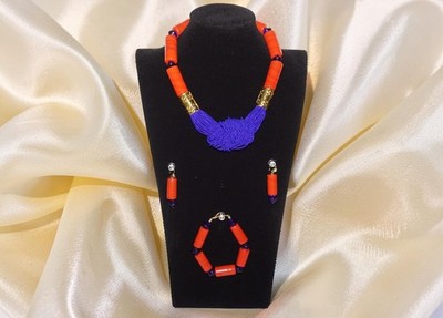 Exquisite Handcrafted Necklace, Bracelet & Earrings in Red, blue & Gold