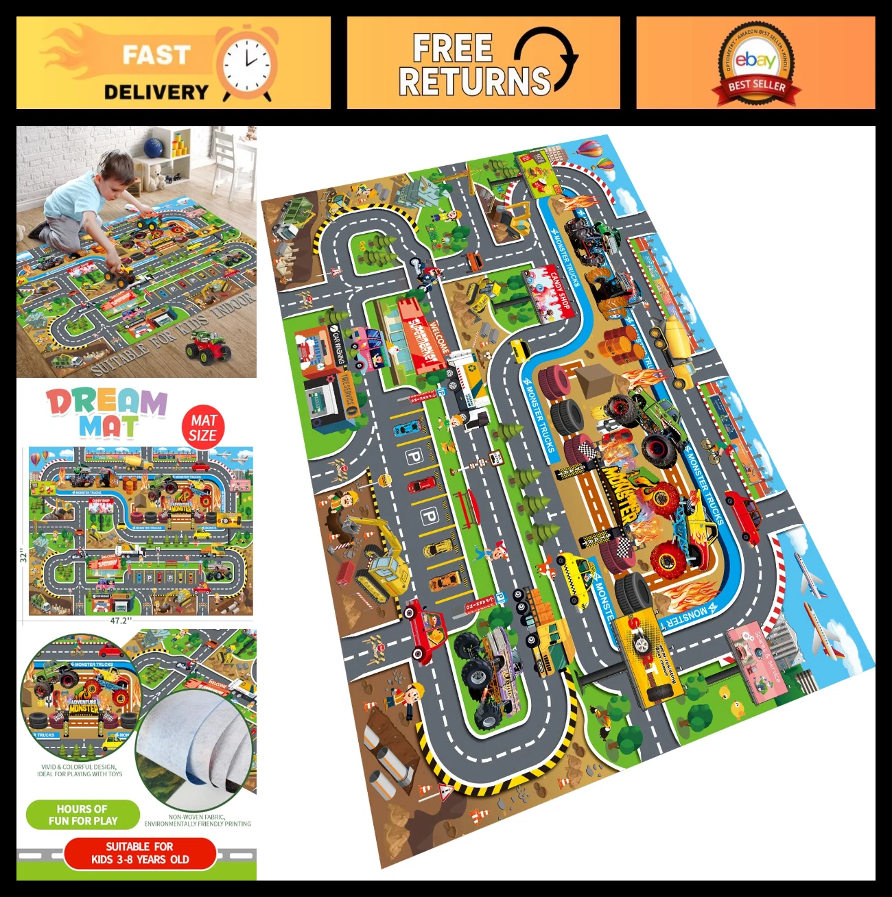 Kids Monster Truck Activity Playmat - Colorful Educational Game Rug for Parent-C