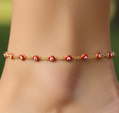 Delicate Evil Eye Anklet Gold Plated White Beaded Chain Minimalist Adjustable