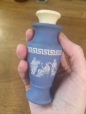 Vintage Mi-Cebrin 4'' Blue Glass Pill Bottle Jar Wedgwood Look Minor Stains