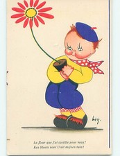 Pre-Chrome foreign signed FRENCH BOY WEARING BERET HOLDS POTTED FLOWER J4989