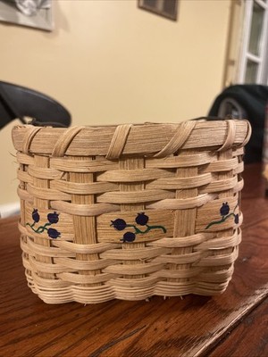 Vintage 6  x 5  hand woven basket with wooden handle blueberry decor Signed 1992