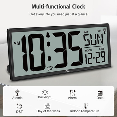 14.5'' Atomic Clock with Backlight, Large Digital Wall Clock Battery Operated, L