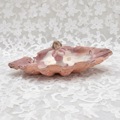 Vintage Porcelain Girl Half Doll on Pink Seashell, Trinket Jewelry Holder, Decor