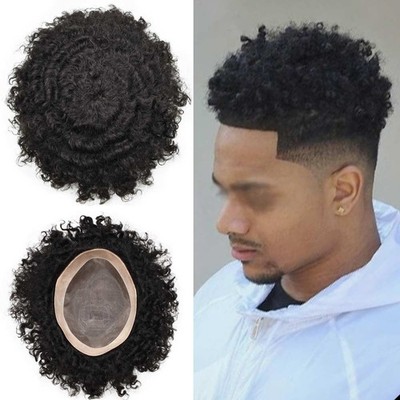 Afro Toupee for Black Men Durable Mono Afro Weave Kinky Curly Mens Wig Hair Unit