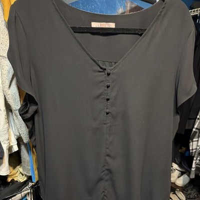 Philosophy Black V-Neck Button Front Blouse XL Short Sleeve Women