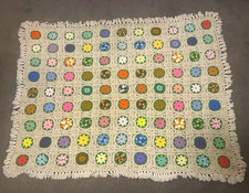 Handmade Crocheted Granny Square Floral Throw Blanket Beige Multicolor Fringe