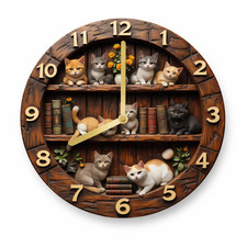 Wooden Cat Wall Clock Silent Movement Round 20cm Home Bedroom Decor AA Battery