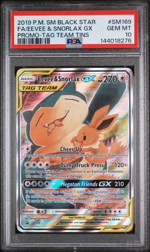 2019 POKEMON SM TAG TEAM TINS #SM169 FULL ART/EEVEE & SNORLAX GX PSA 10