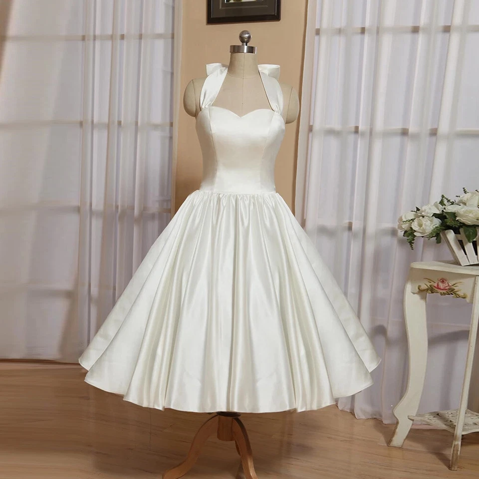 Vestidos de novia cortos marfil satinado cuello halter con lazo longitud del té vestidos de novia Foto 3 de 4