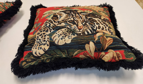 2 VTG Jungle Cat Leopard Tropical Tapestry Fringe Trim Double Sided Throw Pillow - Picture 11 of 23