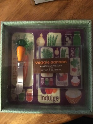 Two s Company Glass Veggie Platter and Spreader and a set of 4 coasters