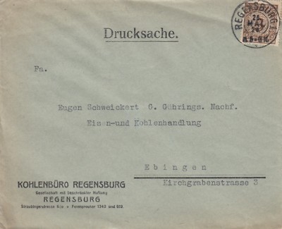 Regensburg, envelope 1924, coal office Regensburg GmbH