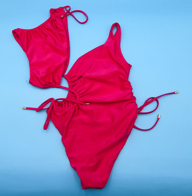 B Fyne Medium Virtual Pink Single Shoulder Ruffle Unpadded One Piece Swimsuit