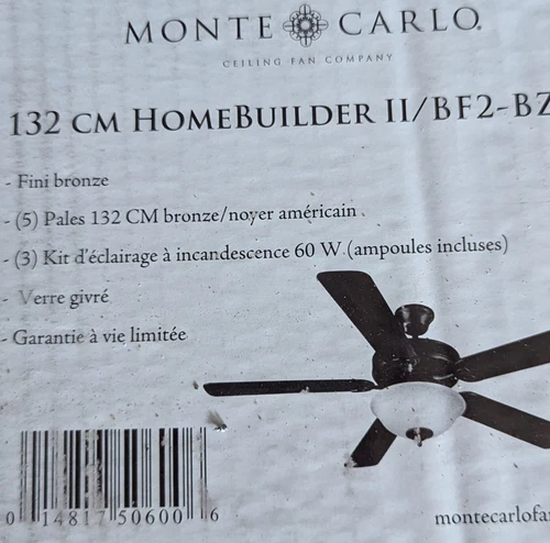 Monte Carlo BF2-BZ Bronze Ceiling Fan II 52" 5 Blade Builder 132cm W/ Light NEW - Picture 2 of 5