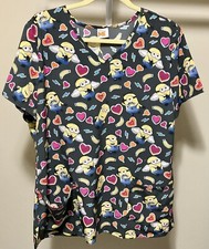 Despicable Me Gray All Over Minion Print Medical Scrub V-Neck Top - Sz L/XL 