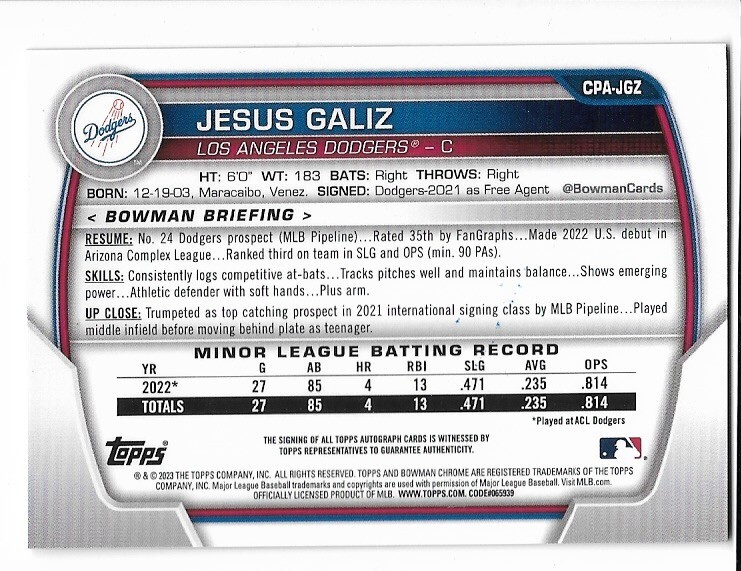2023 Bowman Chrome Jesus Galiz 1st Prospect Autograph CPAJG eBay