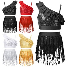 Kids Girls Dancewear Shiny Vest And Skirts Sequin Tank Top With Skirt Rumba