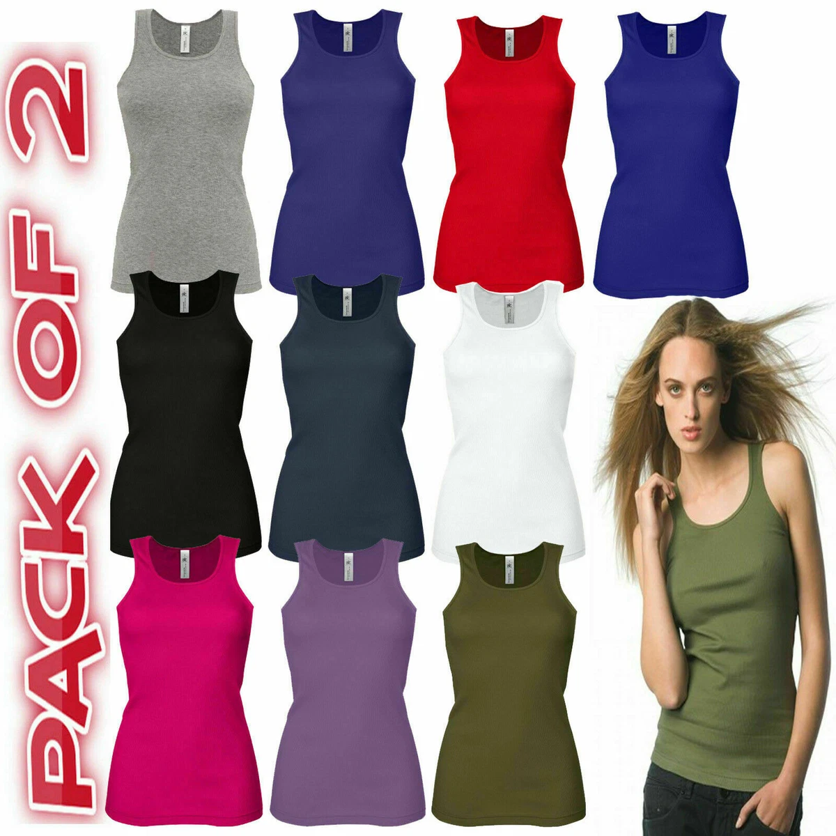 PACK OF 2 LADIES VEST WOMENS COTTON STRETCHY RIBBED T-SHIRT CAMI