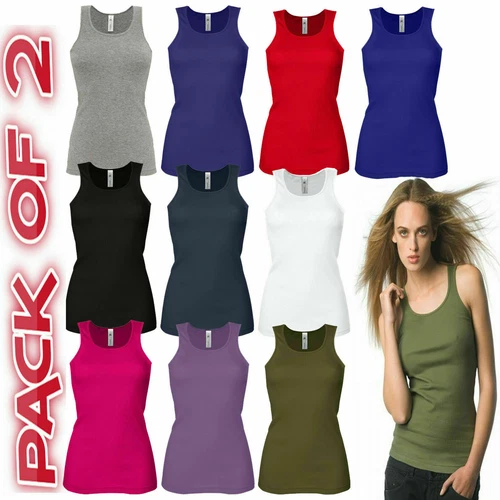 PACK OF 2 LADIES VEST WOMENS COTTON STRETCHY RIBBED T-SHIRT CAMI CASUAL TANK TOP - Picture 1 of 10