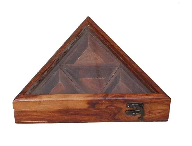 Wooden Deluxe Carver Tringular Spice Box in Sheesham 4 containers- Spice Jar