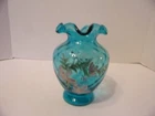 FENTON VASE DIAMOND QUILTED TURQUOISE BLUE W/FLOWERS SIGNED J.K. SPINDLER