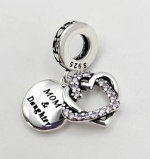 925 Sterling Silver Mother And Daughter Charm Pendant, Interlocking Hearts