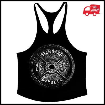 Mens Y Back Gym Stringer Tank Top Barbell Print Breathable Cotton Sleeveless Wor