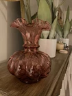 BEAUTIFUL VTG FENTON Cranberry Ruffled Rim Spiral Optic Art Glass Melon Vase 8"H