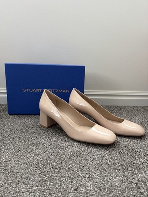 Stuart Weitzman Barely Beige Patent Leather Block Heel Pumps Round Toe US 10 B