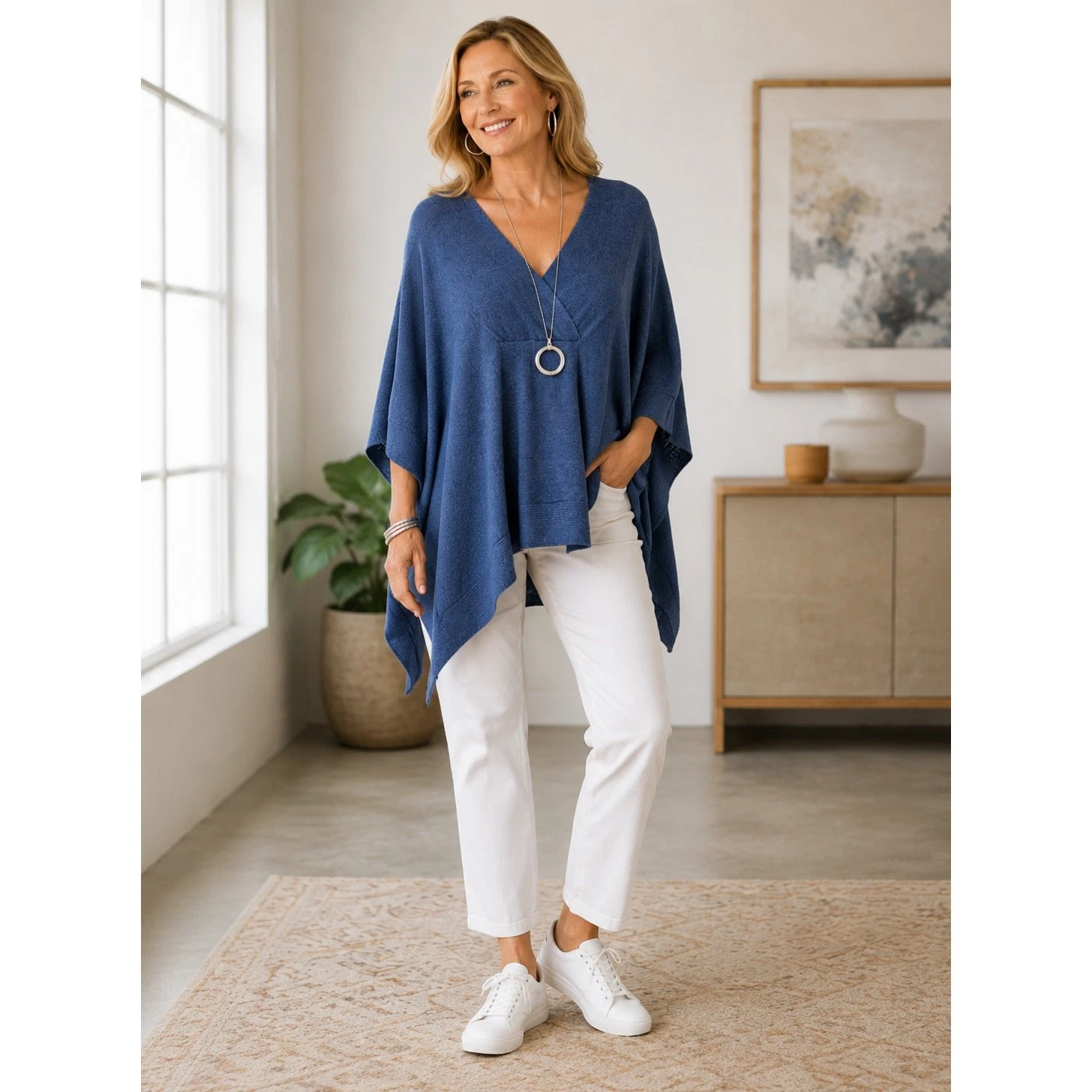 MarlaWynne SZ M/L Cotton Viscose Blue Everywhere V Neck Poncho Sweater NWT