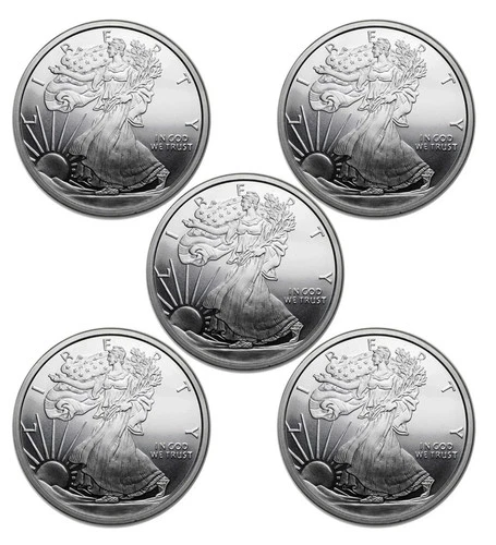 Lot of 5 (5) 0.10 (1/10) Troy Ounce .999 Silver walking liberty Rounds