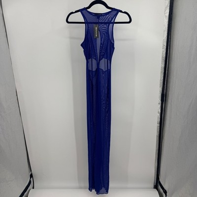 PrettyLittleThing Blue Mesh Cut Out Beach Maxi Dress CNI8987 US 4 NEW Sheer