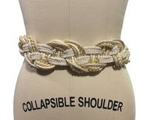 Vtg 80s Fashion Belt 28" Cream Braided Pearl Bead Cord Stretch Clasp Hook Retro
