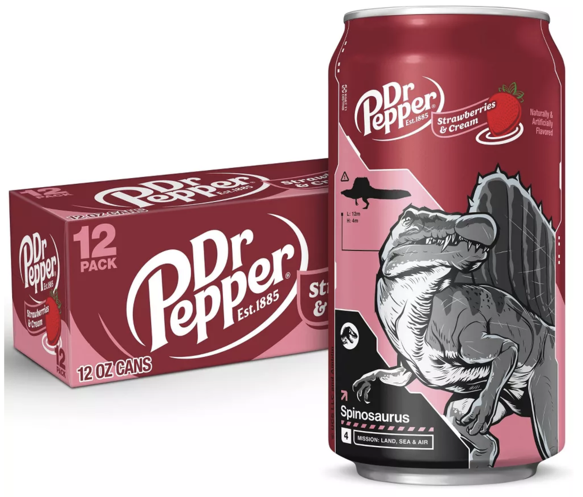 Dr Pepper Strawberries & Cream Soda Spinosaurus Jurassic 12 pk 12