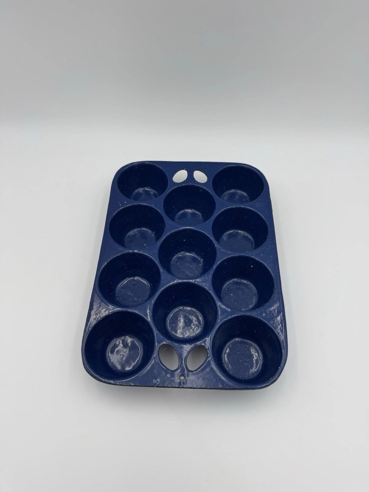 Vintage Blue Enameled Cast Iron Muffin Pan ~ Blue with White Speckles