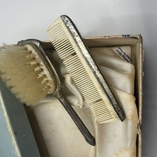 Vintage Silver Tone Vanity Brush  Comb Set Original Box Art Deco Floral USA
