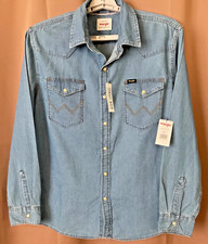 Wrangler Men  s Denim Western Cowboy Wash Long Sleeve Pearl Snap Shirt Size L NWT
