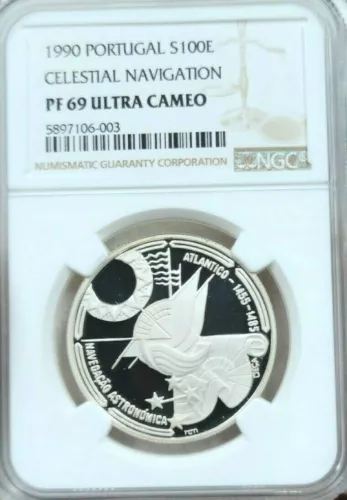 1990 PORTUGAL SILVER 100 ESCUDOS CELESTIAL NAVIGATION NGC PF 69 ULTRA CAMEO TOP
