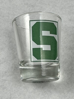 MICHIGAN STATE SPARTANS 2 OZ ''S'' SHOT GLASS GREEN LETTERMAN TYPE ADVERTISING