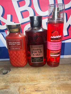 3 Bath & Body Works STRAWBERRY POUND CAKE Fine Fragrance Body Mist Lotion Gel