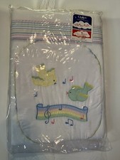 Vtg QUILTEX Baby Blanket White Pastel Birds Satin Baby Appliqu  Satin Trim-NEW