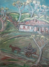 Vintage expressionist oil painting village landscape signed