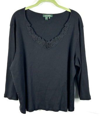 Ralph Lauren LRL Womens Sz 3x Top  Ribbed 3/4 Sleeve Black V Neck Lace Trim