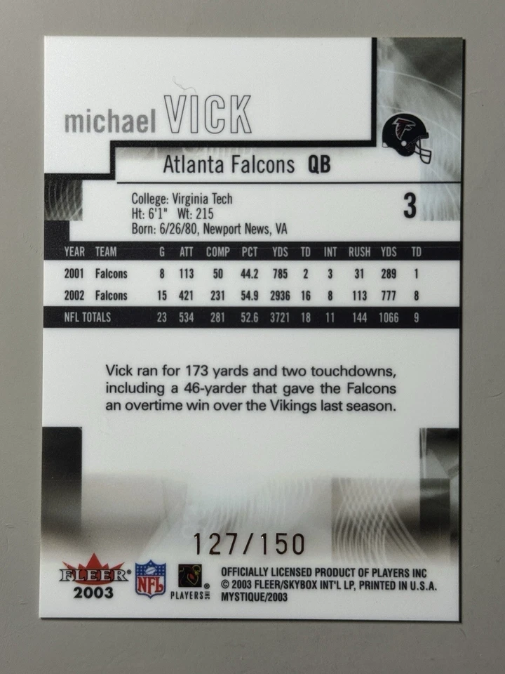 Michael Vick 2003 Fleer Mystique /150 Gold SSP Rare #3 Atlanta Falcons - Image 2 of 3