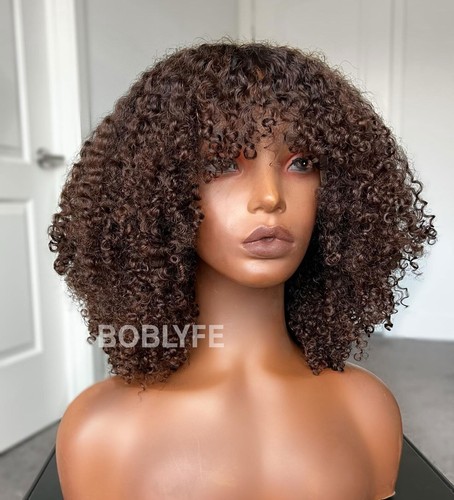 Afro Brown Kinky Curly Wig with Bangs Full Machine Made Short Human Hair Wigs - Bild 4 von 14