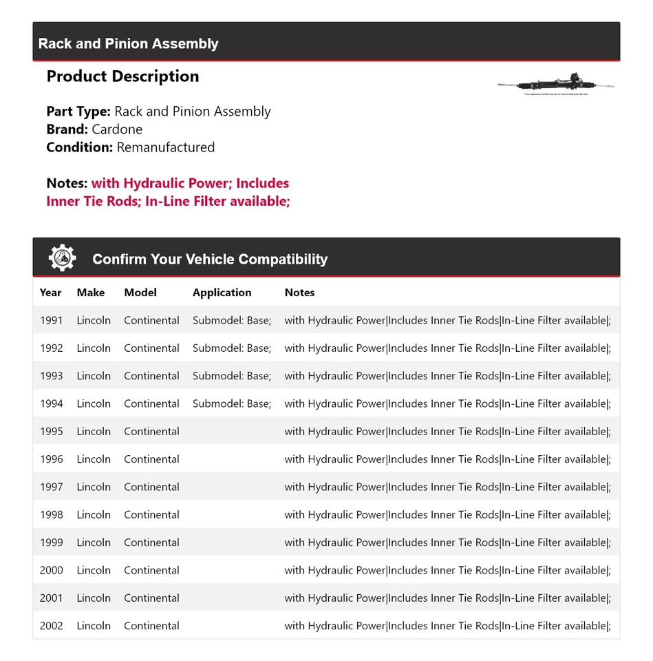 Montaje de piñón y cremallera Lincoln Continental 1991-2002 Cardone 1992 1993 Foto 2 de 4